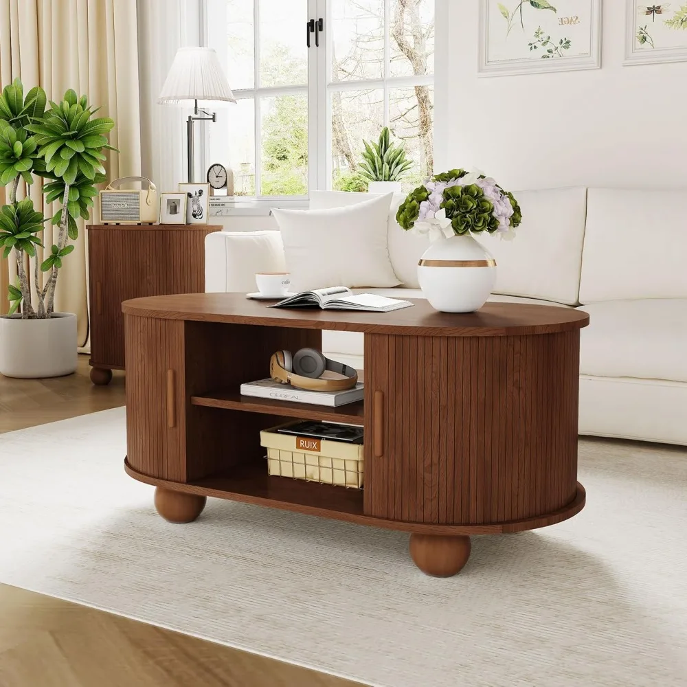 Rectangle Coffee Table, Mid-Century Modern Coffee Table with Storage & Sliding Doors, Fluted Coffee Table Center Table for Livin