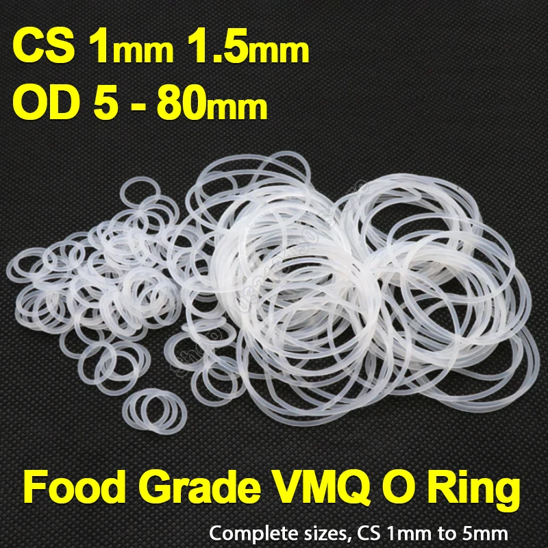 White VMQ O Ring Seal Gasket CS 1mm 1.5mm OD 5-80mm Food Grade Silicone Rubber Insulated Waterproof Washer Round Shape Nontoxic