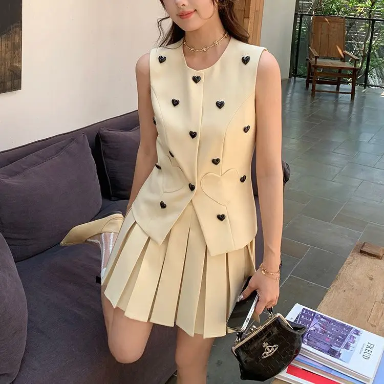 Suits Love Suit Vest Vest Top Pleated Skirt Two-Piece Set Women\'S 2024 Summer New Large Size Slim Temperament Versatile Suit