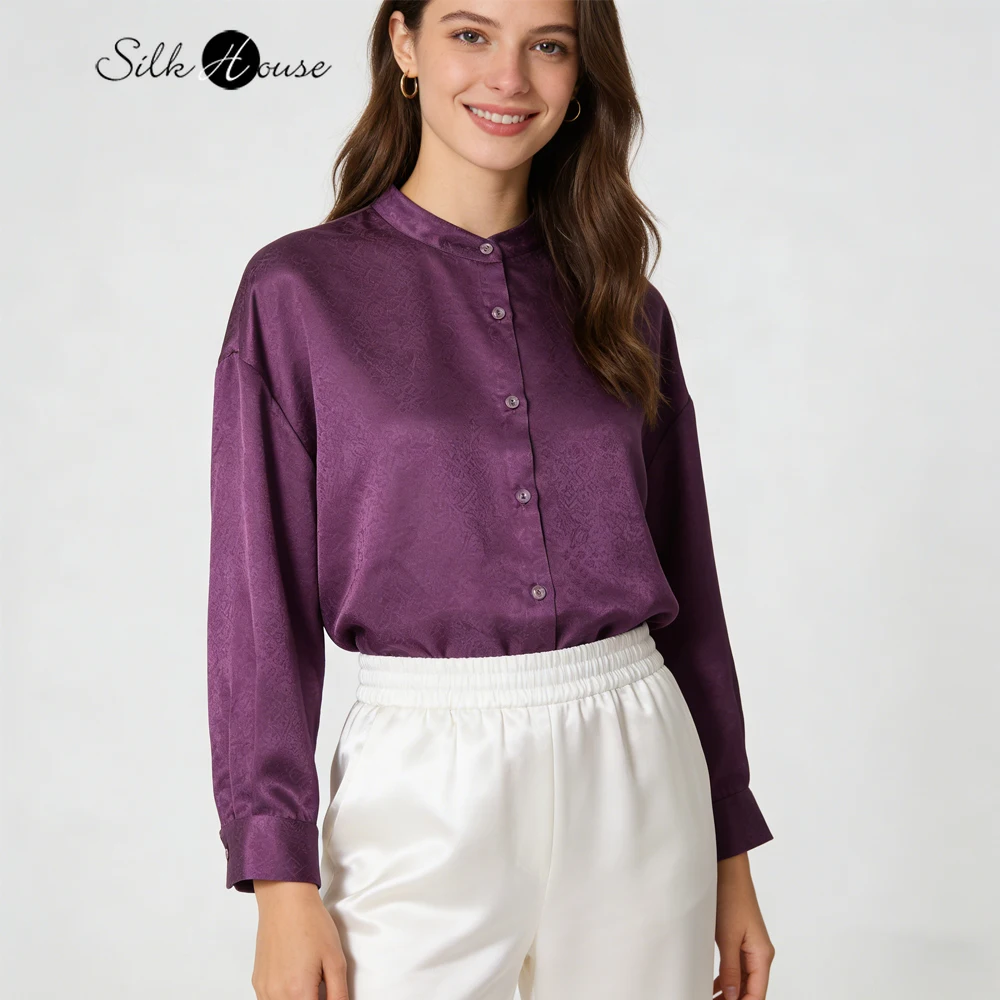 

Women's Fashion Spring New Heavyweight 100% Natural Mulberry Silk Jacquard Satin Purple Stand Collar Three-quarter Sleeve Shirt