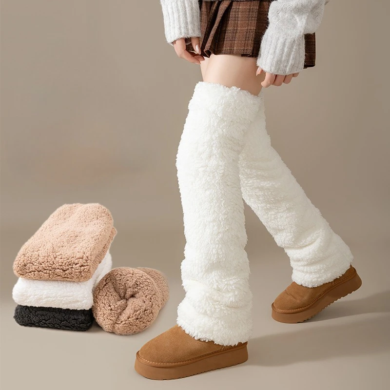 

Woman Coral Fleece Knee Socks Autumn Winter Warm White Fleece Thickened Fluffy Thigh Highs Sleep Home Long Tube Leg Cover
