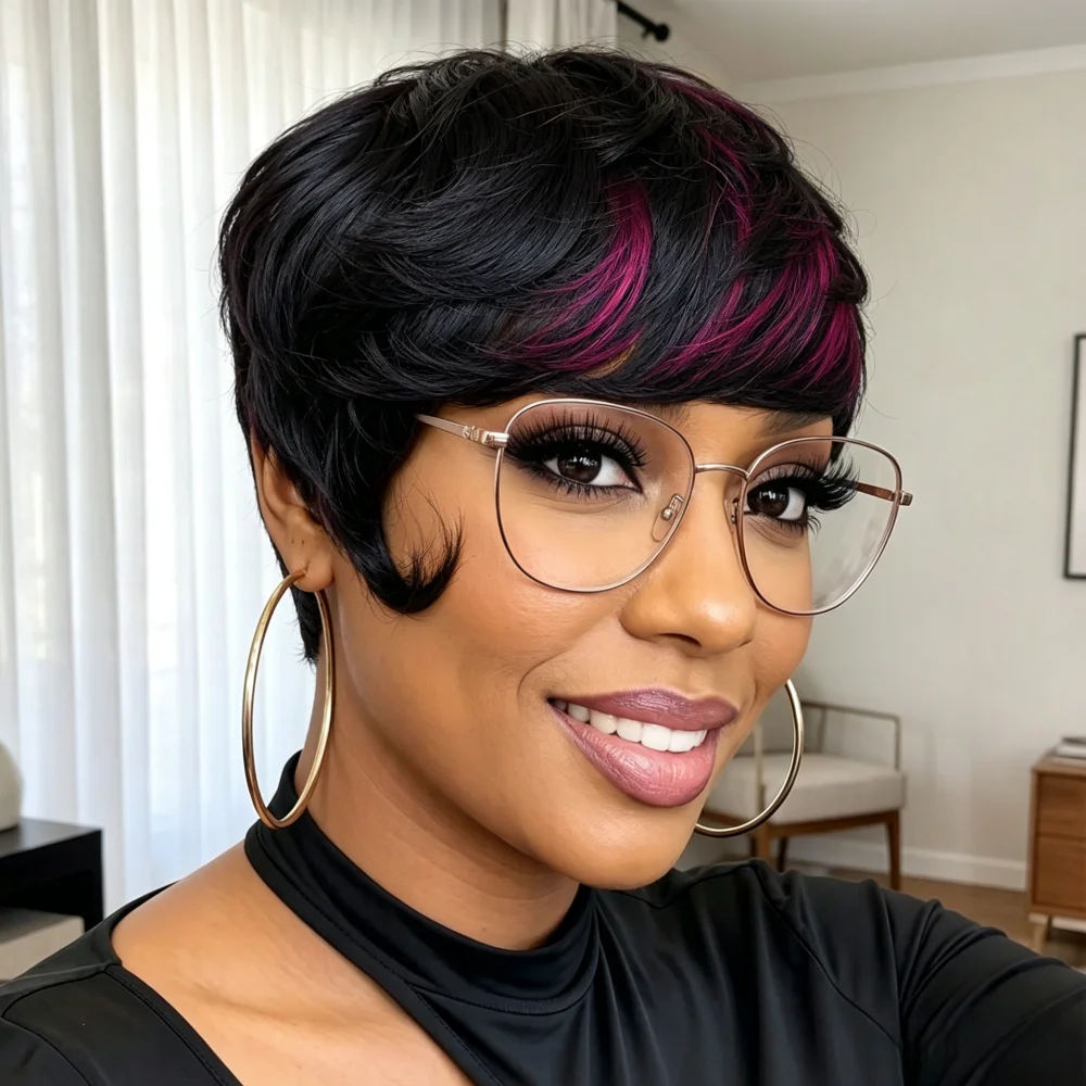 Full Machine Made 1B Purple Highlight Human Hair Short Pixie Wig, Black Purple Streak Short Bob Wig With Bangs For Women Daily