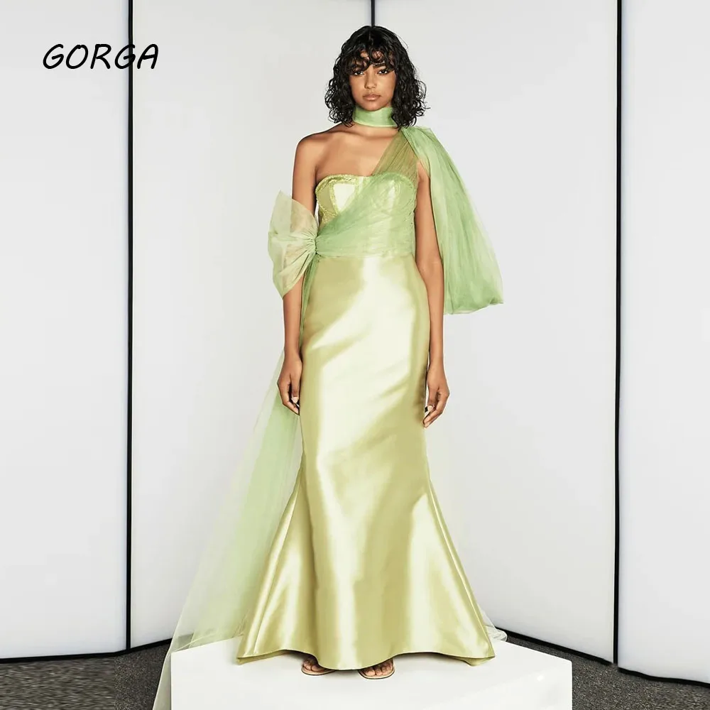 GORGA Simple Olivine Green Strapless Mermaid 2024 Slim Satin Ocassion Gown Floor-Length Formal Evening Dress Party Dress