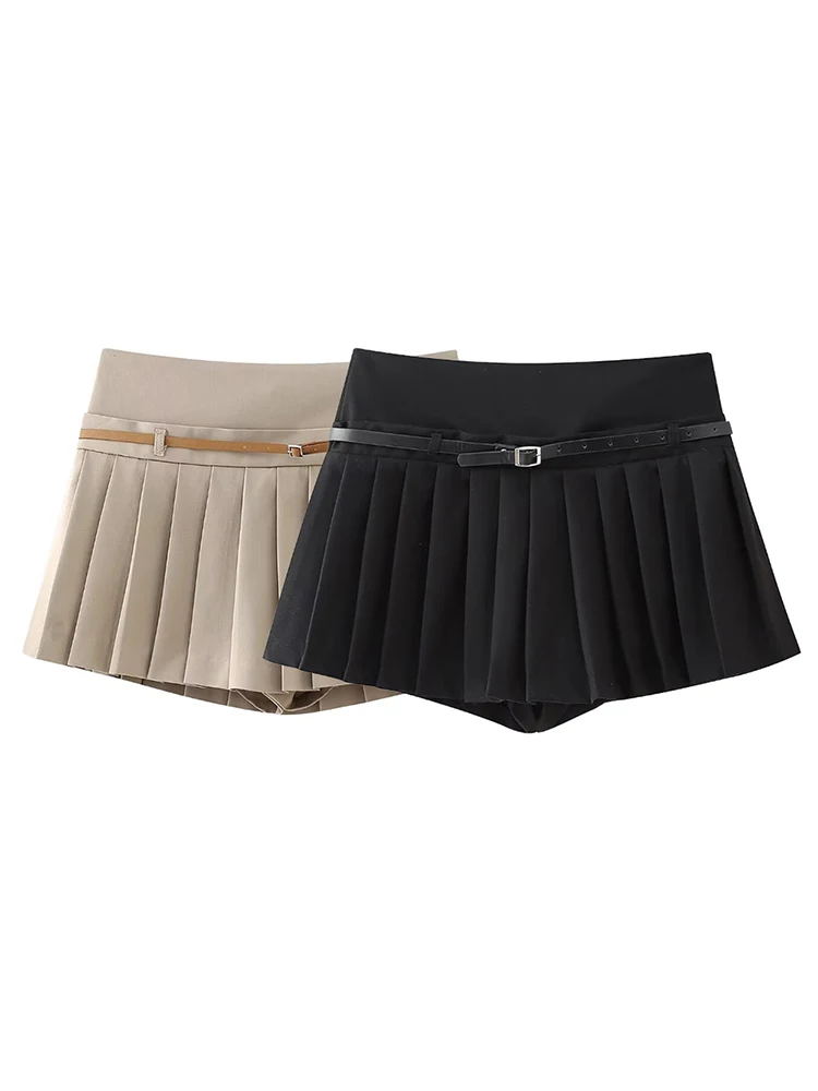 Willshela Women Fashion With Belt Solid Pleated Side Zipper Mini Skirts Shorts Vintage High Waist Female Chic Lady Shorts