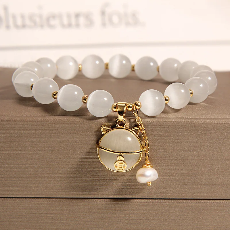 Ins Korean Style Cat's Eye Crystal Bracelet Single Loop Fashion Women's Freshwater Pearl Handstring Jewelry Wholesale