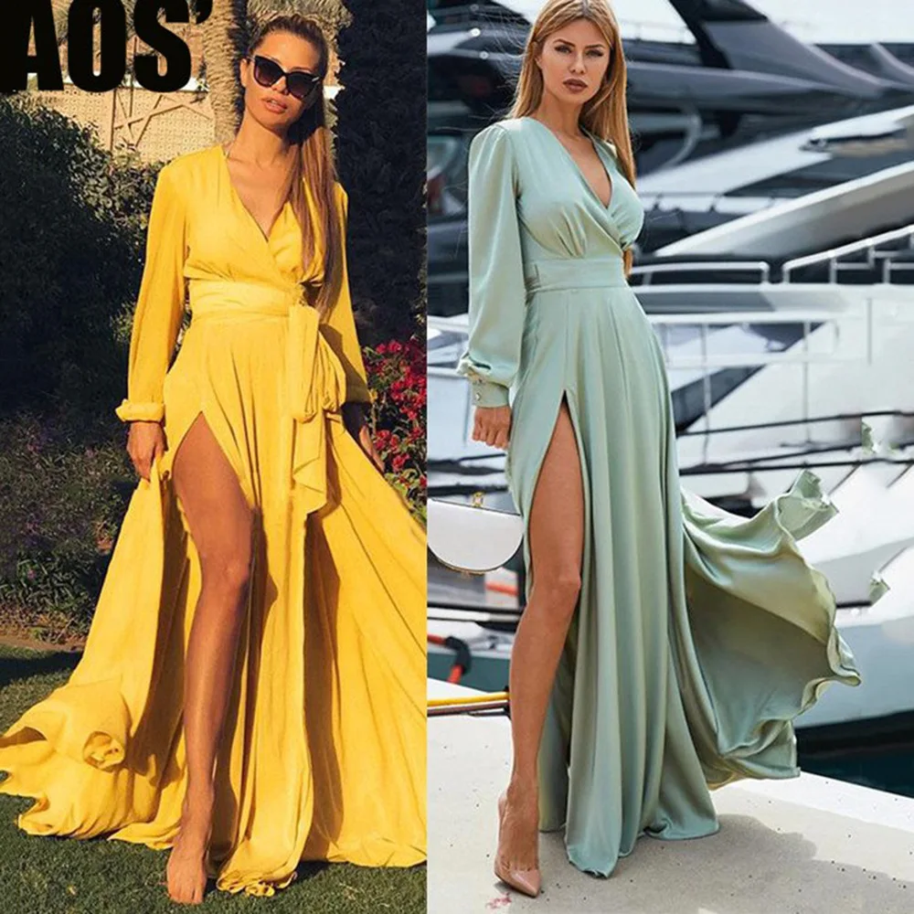 

2024 new European and American women's deep V-neck splicing slit long skirt solid color fashion dress