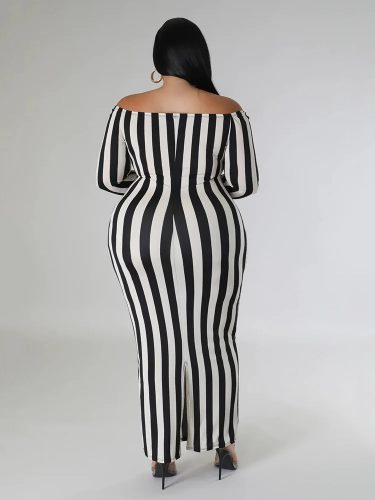 Cheap Women Plus Size Maxi Dresses 2023 New Summer Casual Elegant Off Shoulder Long Sleeve Print Stripe Bodycon Holiday Clothing