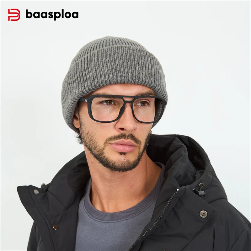 Baasploa New Men Knitted Hat Autumn Fashion Solid Color Wool Warm Beanies Cap Male Outdoor Casual Elastic Street Hip Hop Hats