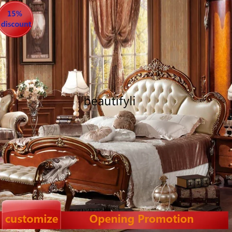 ss8350 European solid wood leather bed American luxury double wedding bed master bedroom widened bed 1.8 meters