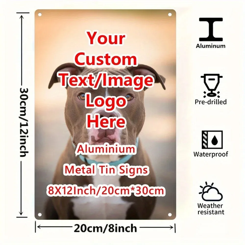 Customizable 2D Flat Aluminum Tin Sign 30x20cm, Dog Photo Frame Custom Text Wall Decor for Bar Home Office