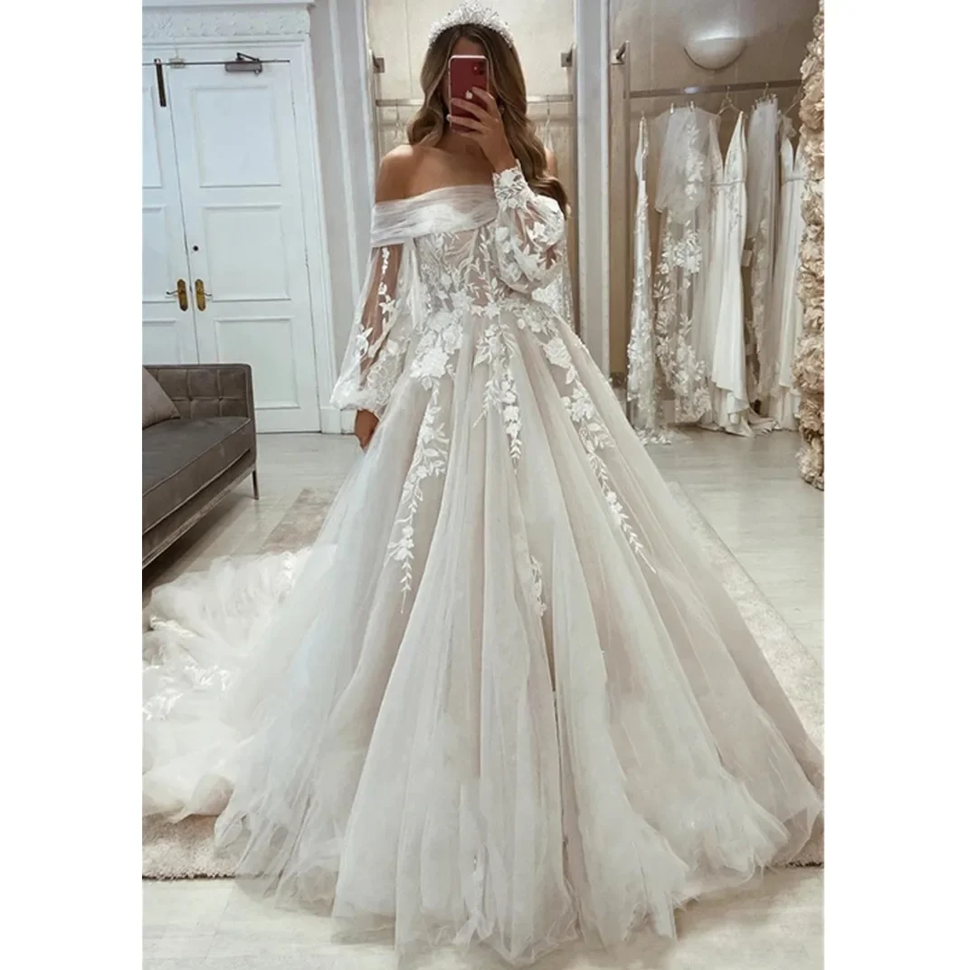 Personalizado querida rendas apliques vestidos de casamento com fora do ombro jaqueta trem vestidos de novia praia vestidos de noiva