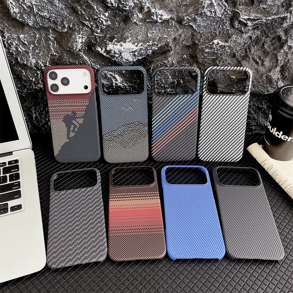 Carbon Fiber Kevlar Texture Phone Case for IPhone 17 Air 16 15 14 Plus 13 12 18 Pro Max Hard Plastic Half Pack Protective Cover