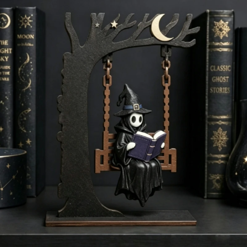 Halloween Decor Ghost Centerpiece – Adorable Ghost Reading & Swinging Figurine, Perfect for Book Lovers Home Display