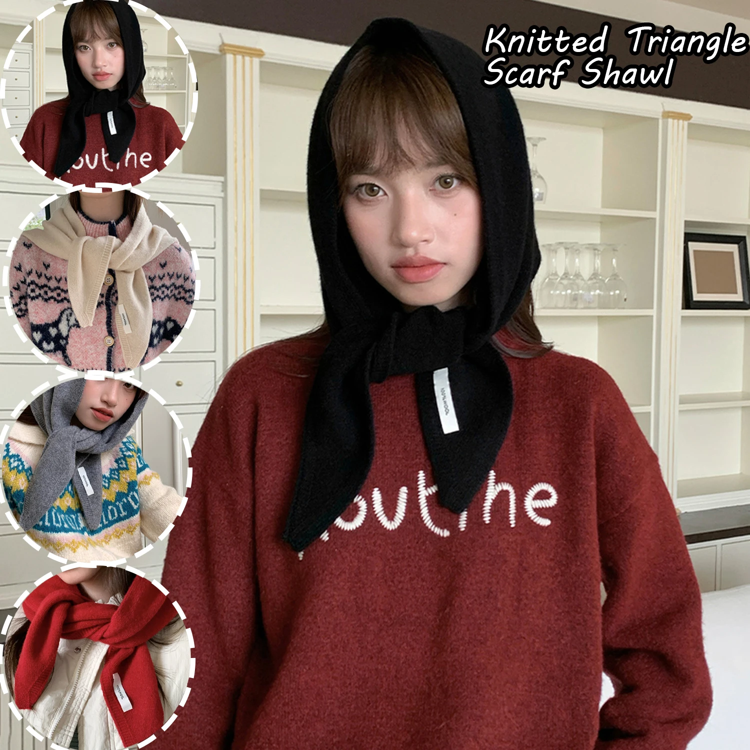 

Зимний женский корейский шерстяной треугольный шарф Ins Sweet Stripe вязаная повязка на голову Kawaii с бирками треугольный шарф легкий вес теплый