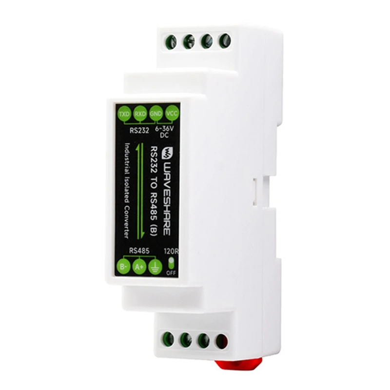 Waveshare Industrial Rail Type RS232 To RS485 Converter 300-115200Bps Active Digital Isolation Wide Voltage