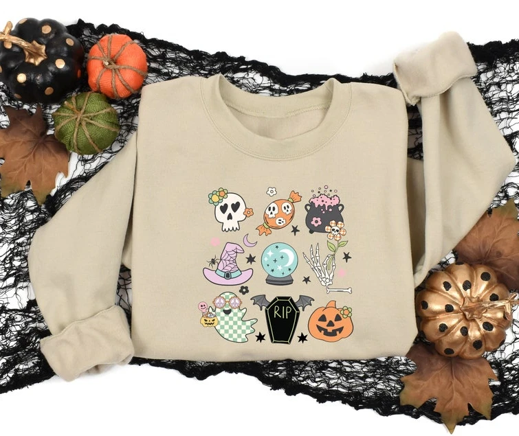 Halloween Doodles Cute Theme Sportswear, Happy Halloween Heart Euphoria Clothes  Trick or Treat Long Sleeve Pullover Ropa Mujer