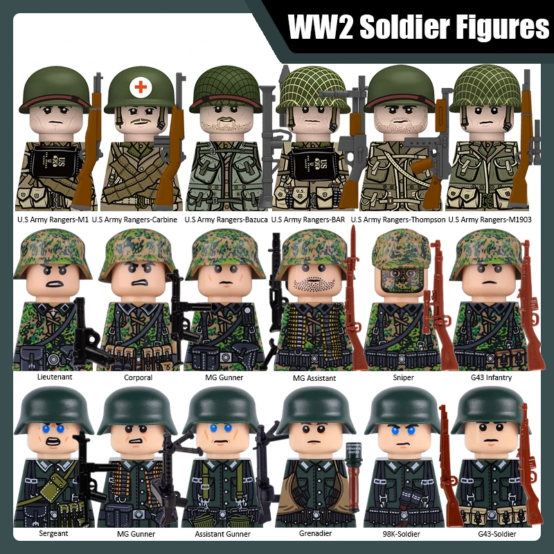 WW2 Military Soldier Officer Building Blocks US Ranger Army Infantry Assistant Gunner Sergeant Grenadier Sniper Rifle Bricks Toy