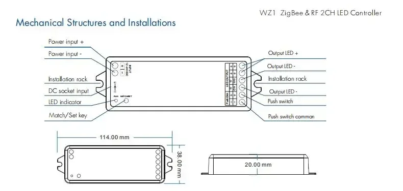 ZigBee3.0 & RF 2CH LED Controller WZ1 DC12-36V Tuya APP Cloud Wireless Remote Control 2 Channels for Single Color CCT LED Strip