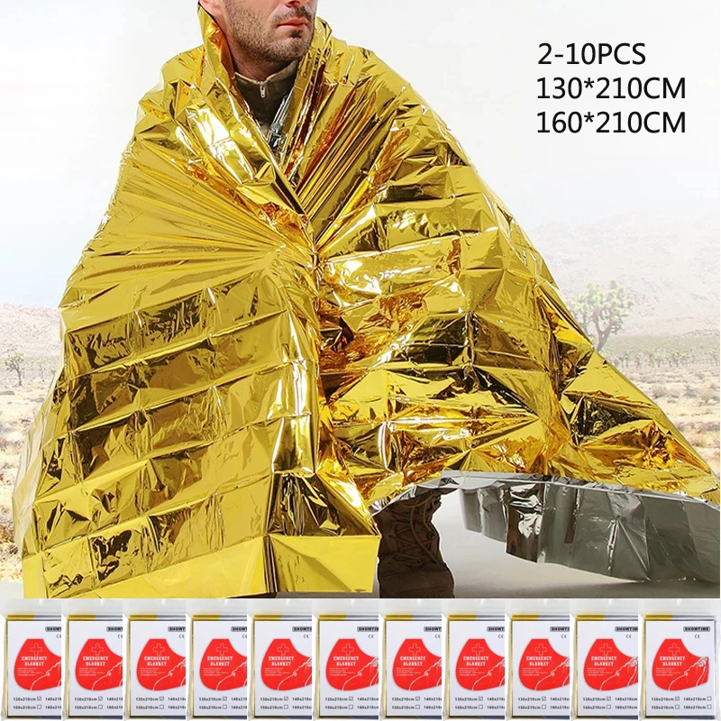 Manta de emergencia para acampada al aire libre, protector de aluminio portátil para mascotas, de 2 a 10 piezas, color dorado y plateado, para supervivencia, aislamiento militar a prueba de viento