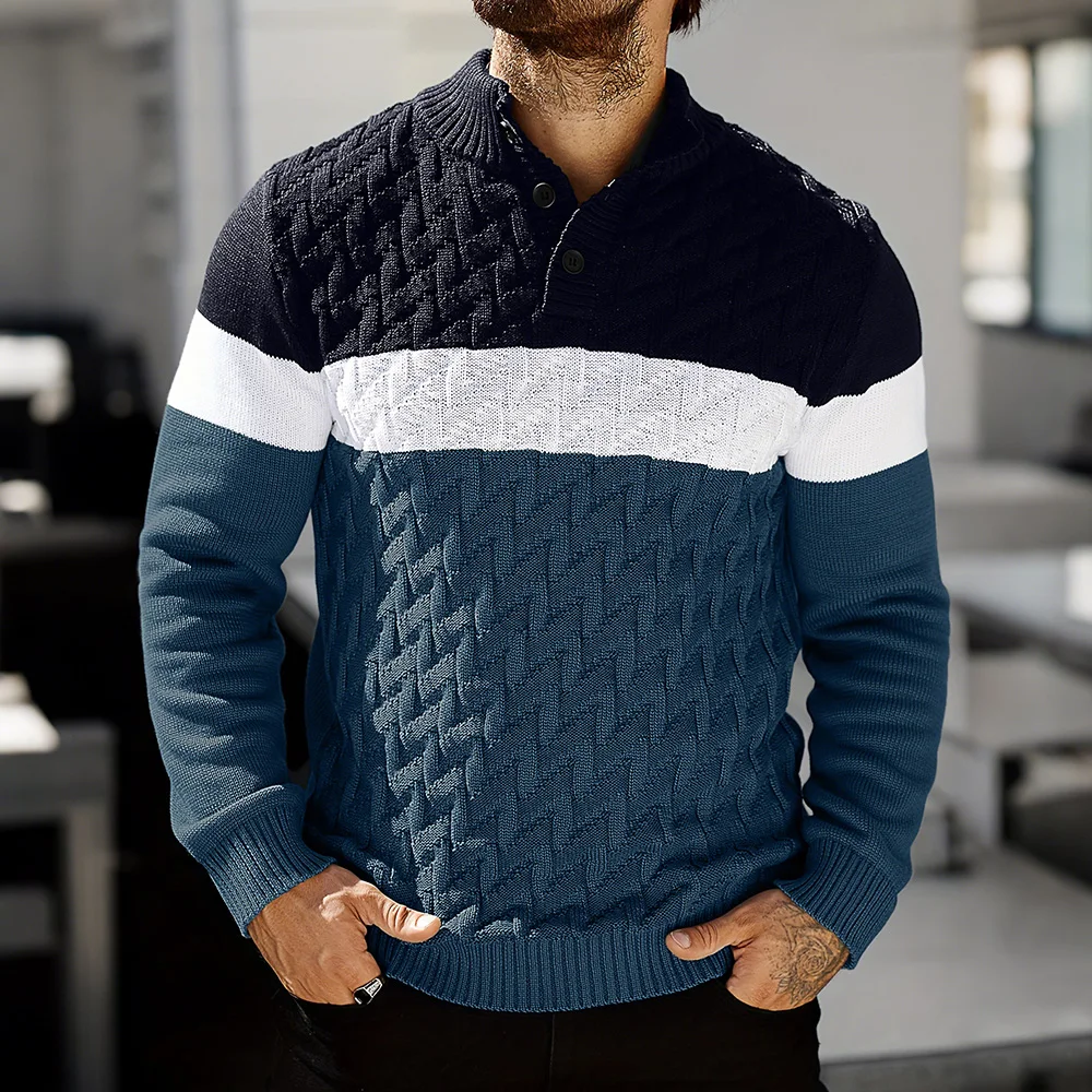 Men's Sweater Autumn Warm Contrasting Color Shawl Collar Pullover Long Sleeve Fit Casual Cable Knit Tops US Size