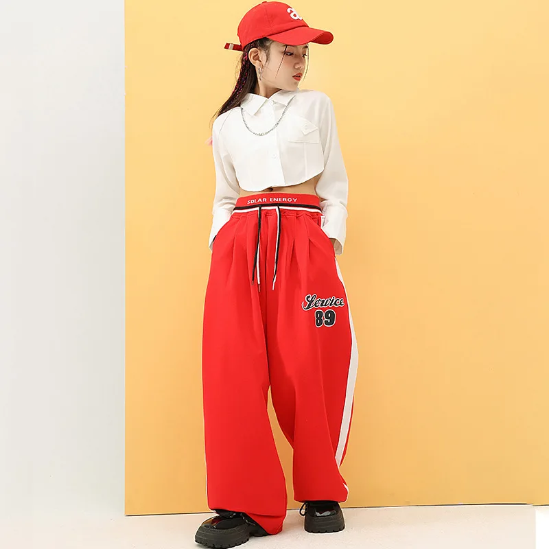 Kind Hip Hop Kleidung Weiß Kurze Crop Top Langarm Shirt Rot Casual Straße Sweat Hosen für Mädchen Jazz Dance Kostüm Kleidung