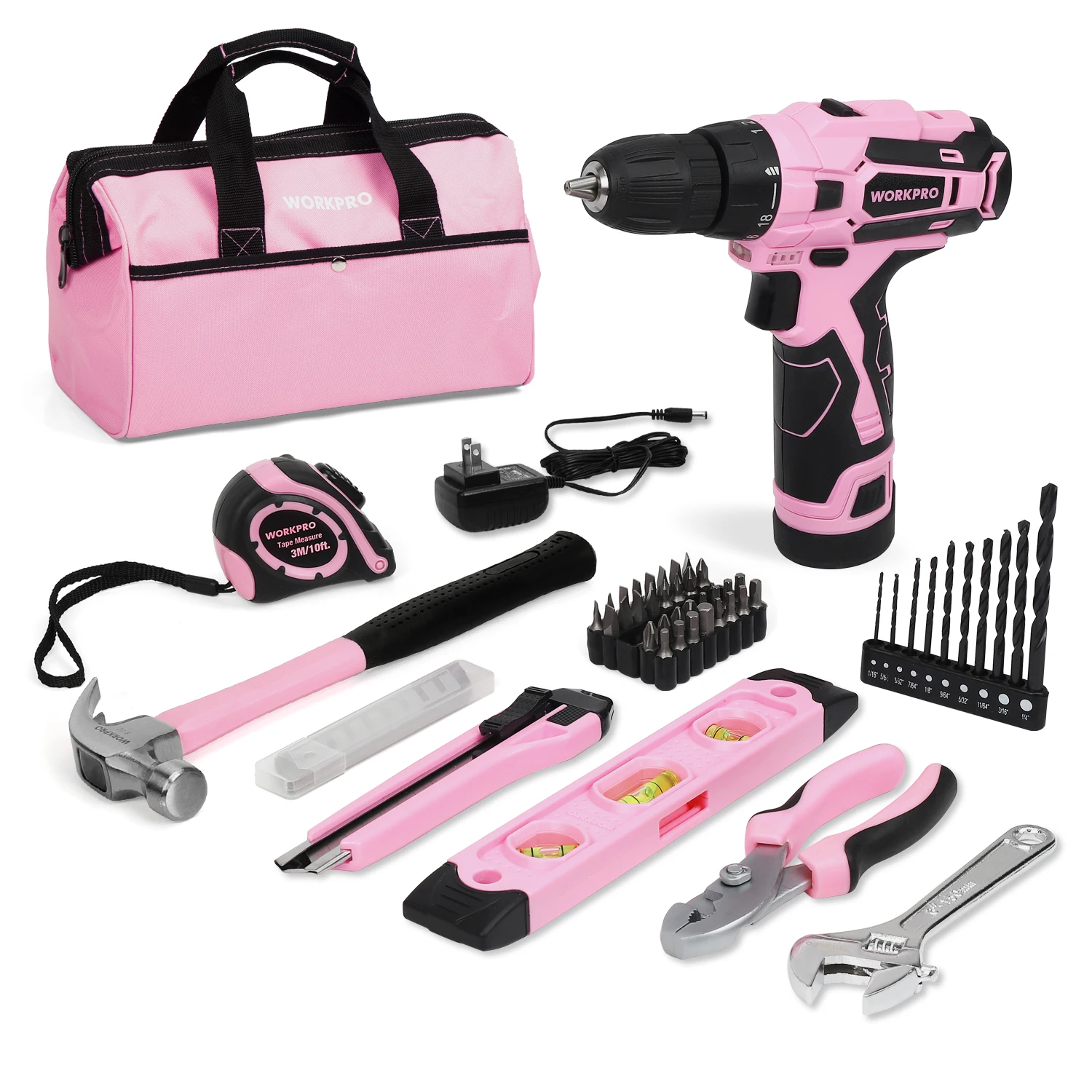 WORKPRO 12V Pink Cordless Electriced Drill Driver Tool Set With 61PCS Home Tool Kit for Home Repair