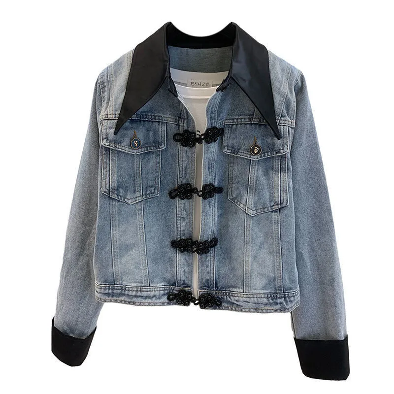 

Vintage Fashion Disc Buckle Denim Jacket women 2024 Spring And Autumn New Casual Splice Jeans Coat Loose Tops Female Tide B230