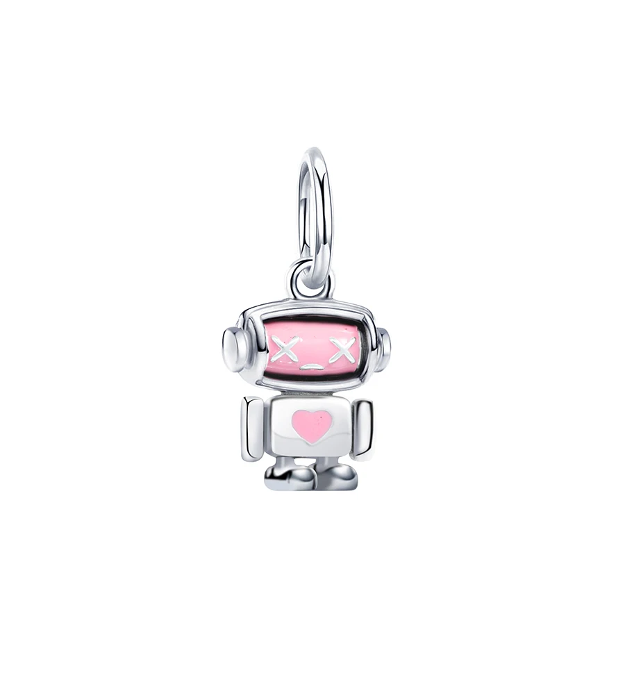 Real 925 Sterling Silver Beads Cute Robot Girl Pink Heart Dangle Charm Fit Original Snake Chain Charms Bracelets Women Jewelry