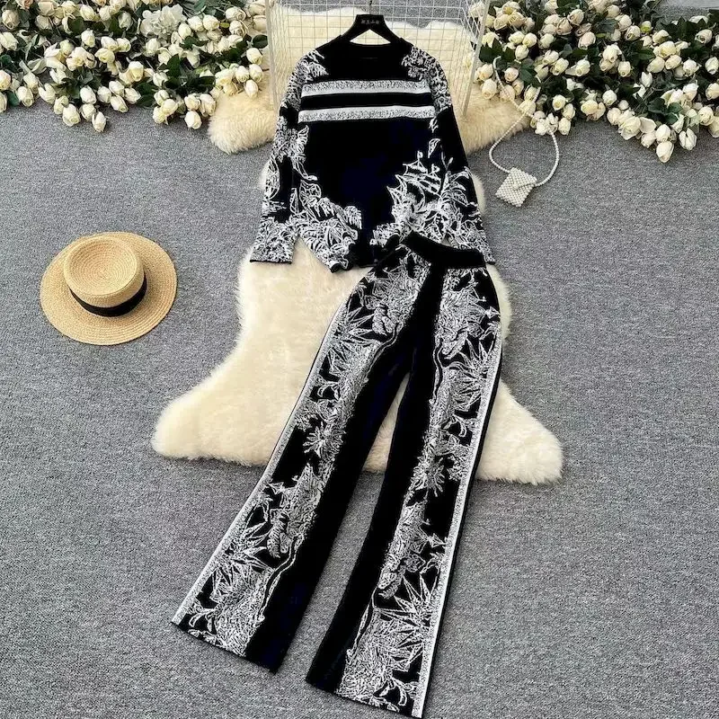 Elegant Printed 2 Piece Sets Women High Street Knitted Sweater and Wide Leg Pants Suit Female Korean Matching Set Autumn Winter