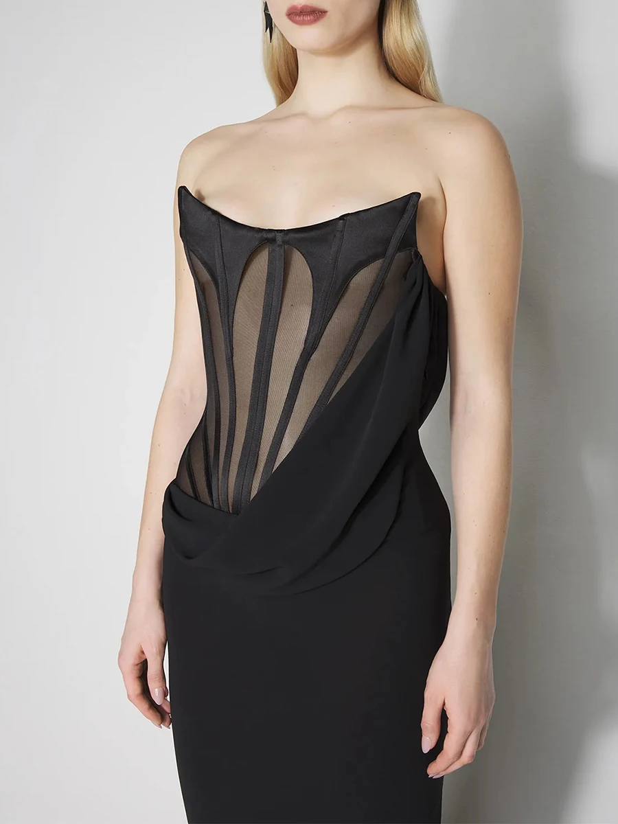 VGH Sexy Spliced Sheer Corset Black Dresses for Women Strapless Sleeveless High Waist Chic Evening Bodycon Maxi Dress Female New