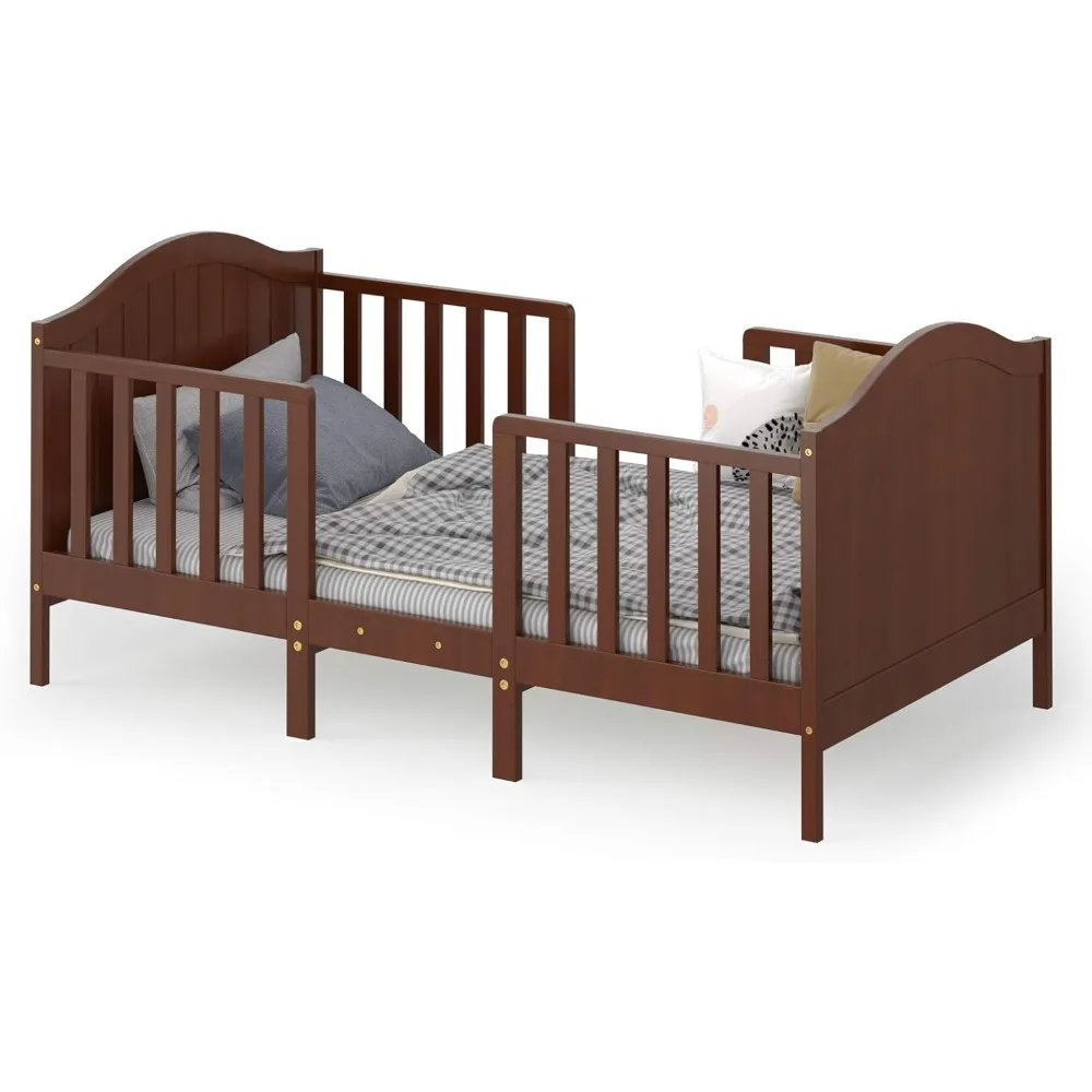 

2 in 1 Convertible Toddler Bed, Classic Wood Kids Bed w/2 Side Guardrails, Footboard for Extra Safety, Children Bed Fram