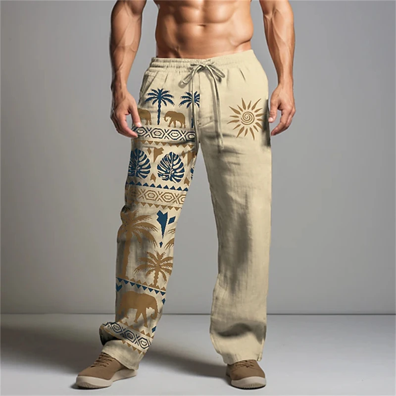 2026 Men's New Vintage 3D-Printed Casual Pants Loose-Fit Drawstring-Style Wide-Leg Pants Breathable Outdoor Beach Pants