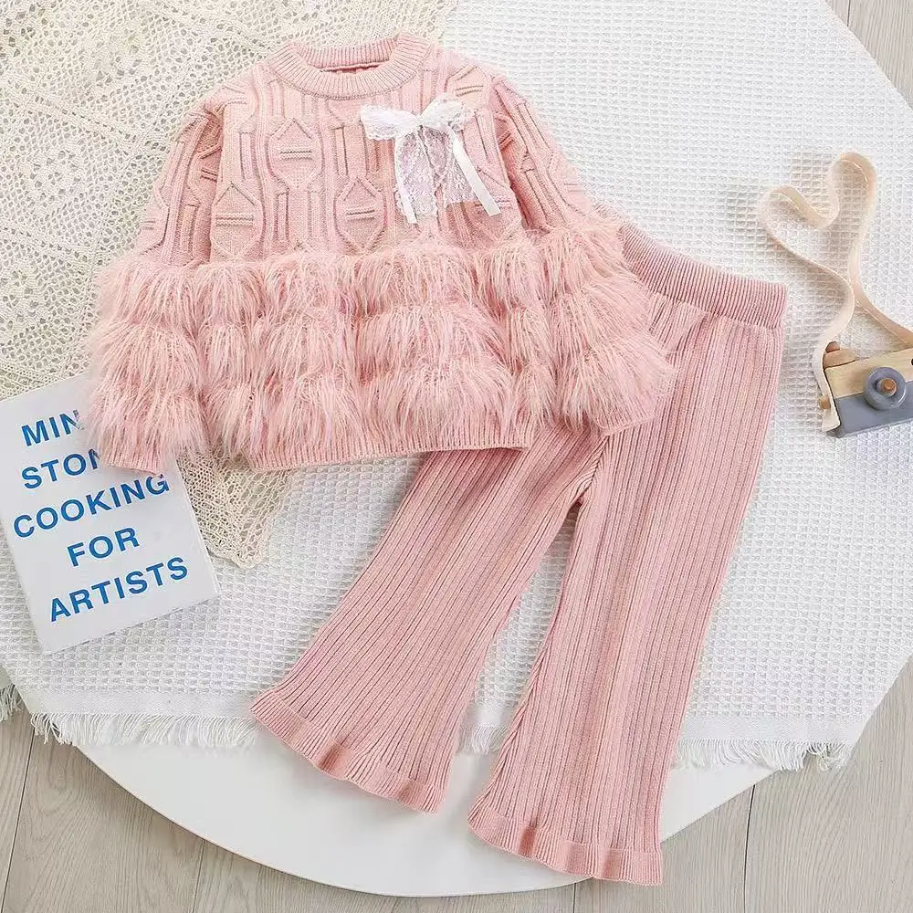 

Children's Jumper Set Autumn Winter Girl Baby Knitted Sweater Trousers Gas Mushroom House Cardigan Two-piece Trousers