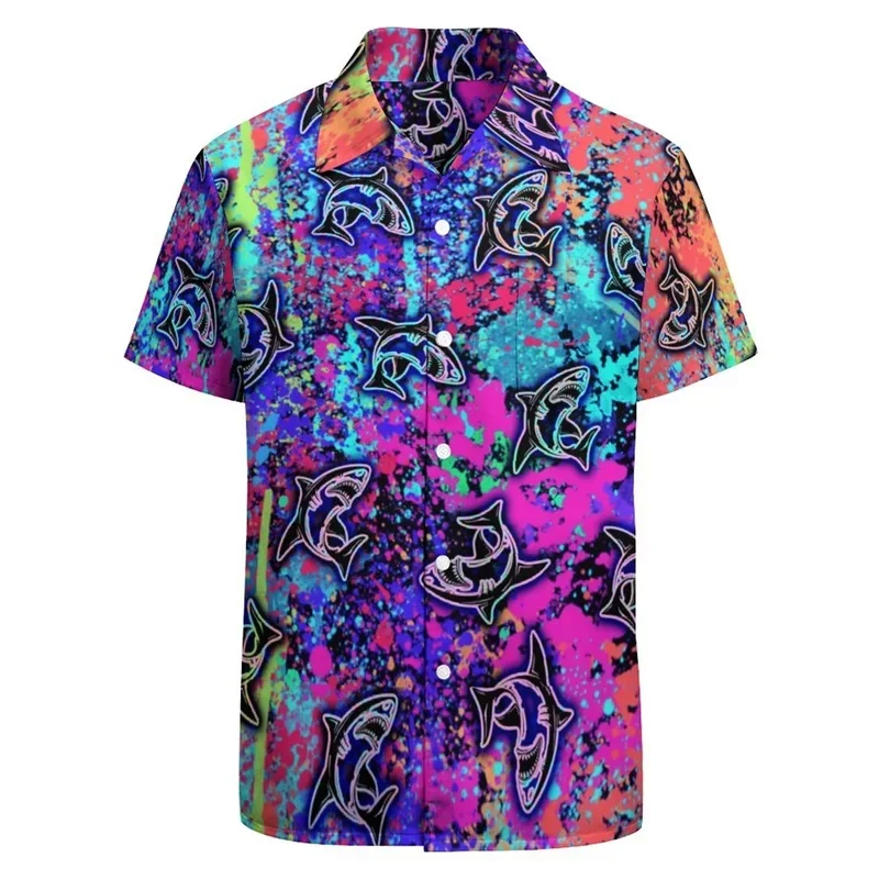 Full Print Neon Painting Abstract Graphic Festival Shirts for Men Short Sleeve Button Down Casual Beach Party Shirt Clothes