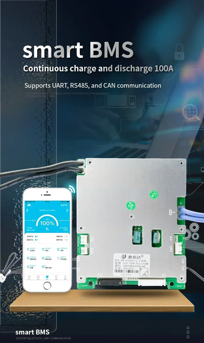 JBD BMS バッテリー保護回路基板 4S 8S 16S 12V 24V 48V 51.2V 100A 150A 200A LiFePO4バッテリー スマートBMS