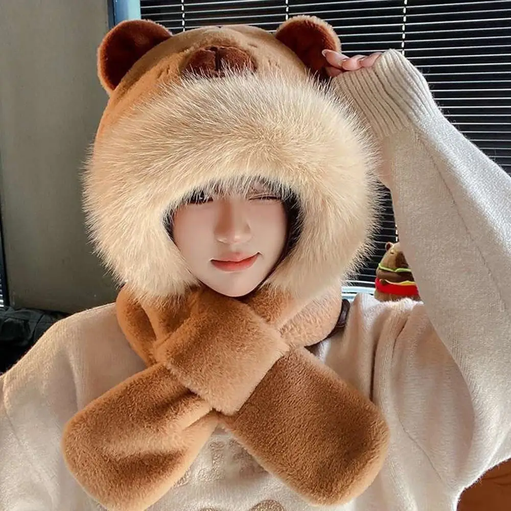 ファッションプラッシュ冬用一体型キャップスカーフ、暖かい防風耳当て付き帽子、厚手カジュアルビーニー帽スカーフ、サイクリング用