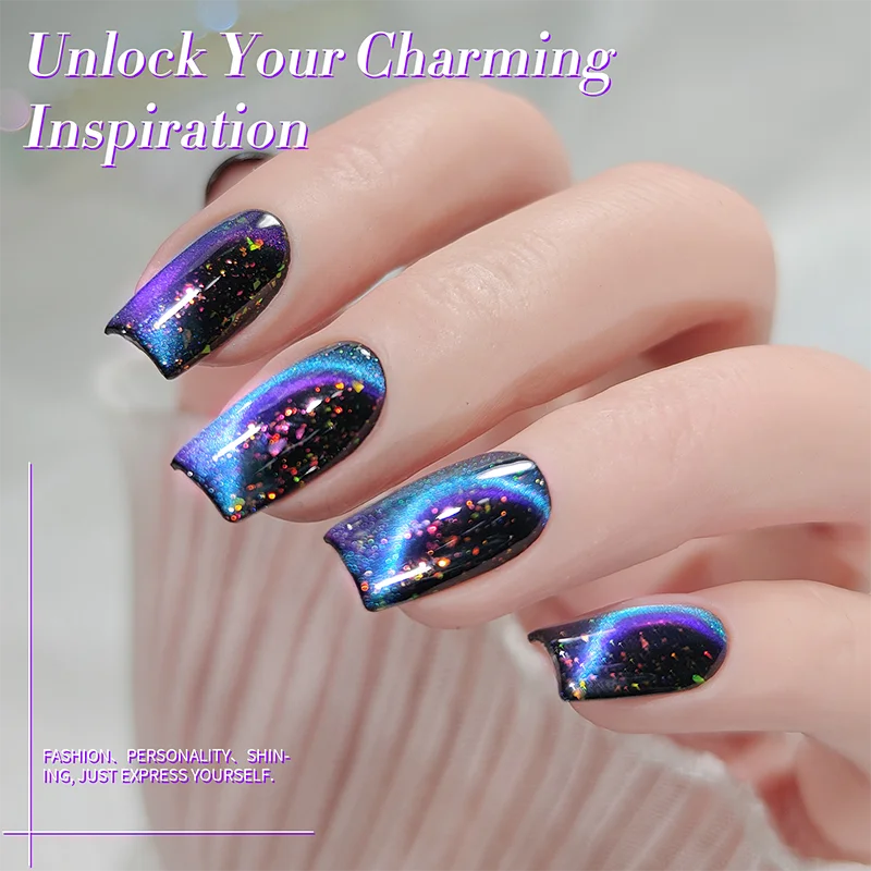 BORN PRETTY Starry Sky Sequins Cat Magnetic Gel Nail Polish Purple Blue Double Light Gel Polish with Magnet Stick Need Black Gel