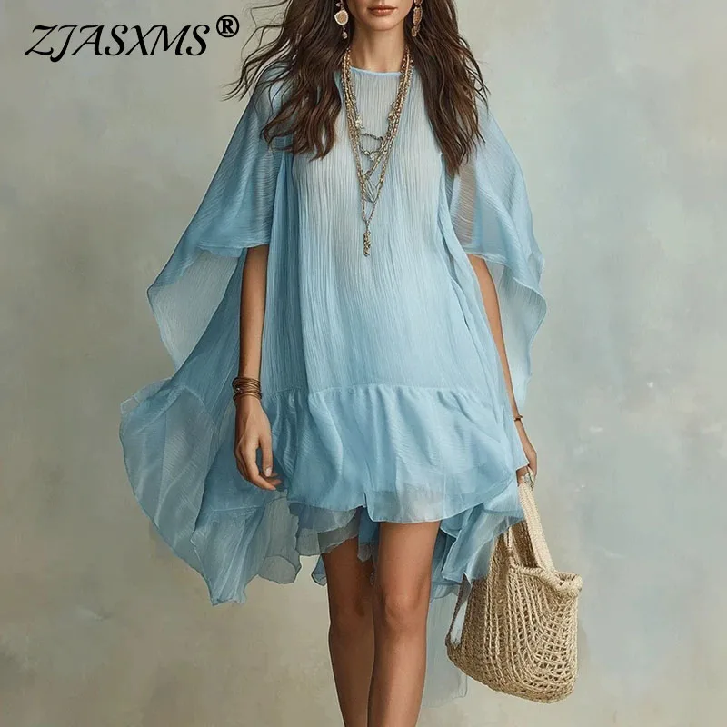 Robe mini unie pour femme, coupe trapèze, manches chauve-souris, col rond, ourlet à volants, ample et fluide, style bohème, décontractée, pour la plage et les vacances d'été