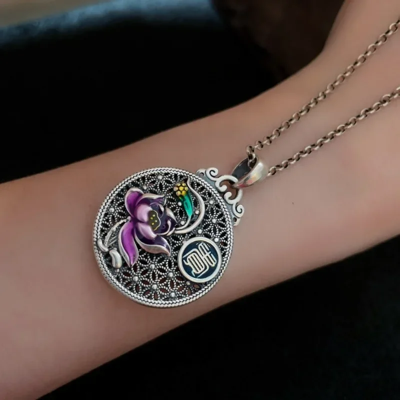 925 Silver Vintage Archaic Rhyme Purple Lotus Flower Pendant Palace Style Enamel Round Necklace New in Clavicle Chain Jewelry