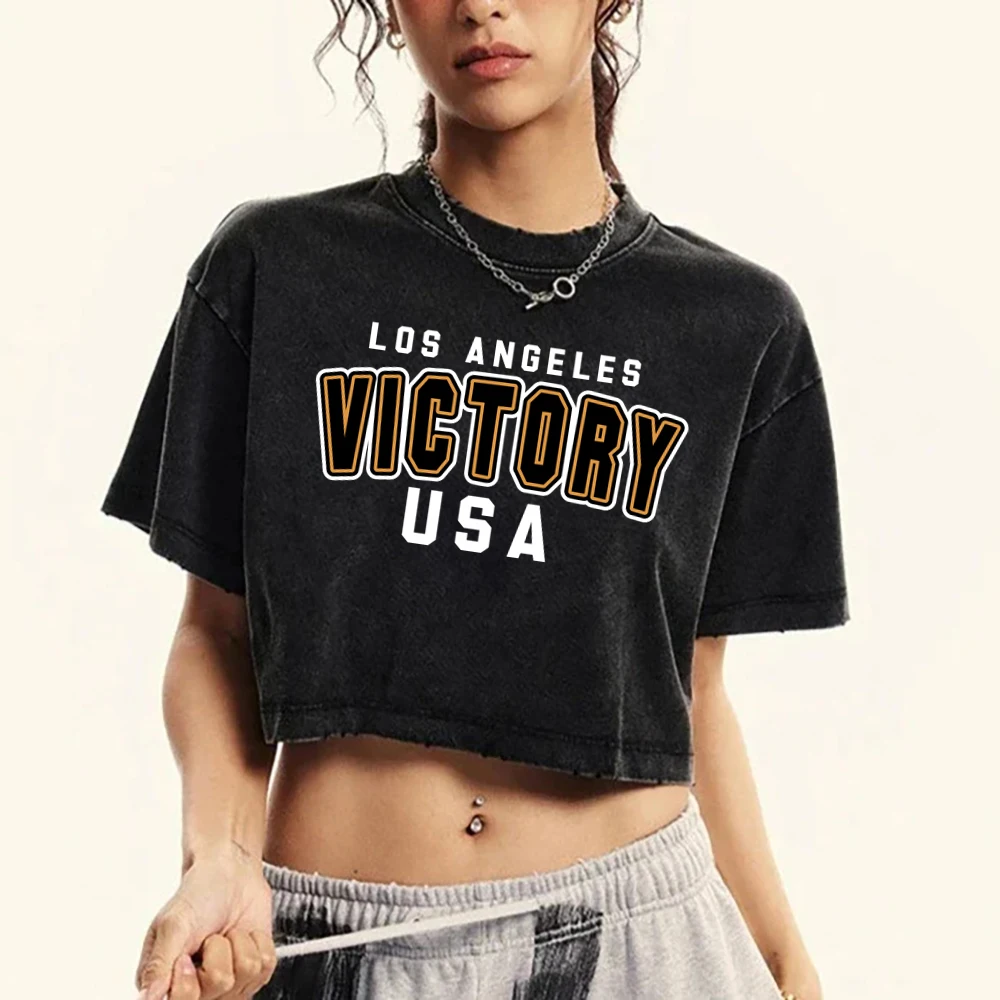 Los Angeles Victory Usa Retro Design Print Womans Washed Short Sleeves O-Neck Loose Soft Cotton T-Shirts Summer Female Clothes