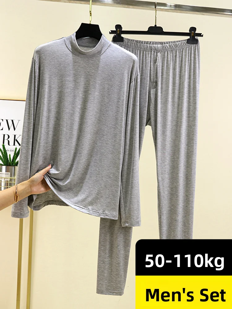 Men's Base Layer Set Spring Autumn Modal Long Sleeve Half High Collar Thin Home Clothes Two Piece Set Thermal Underwear