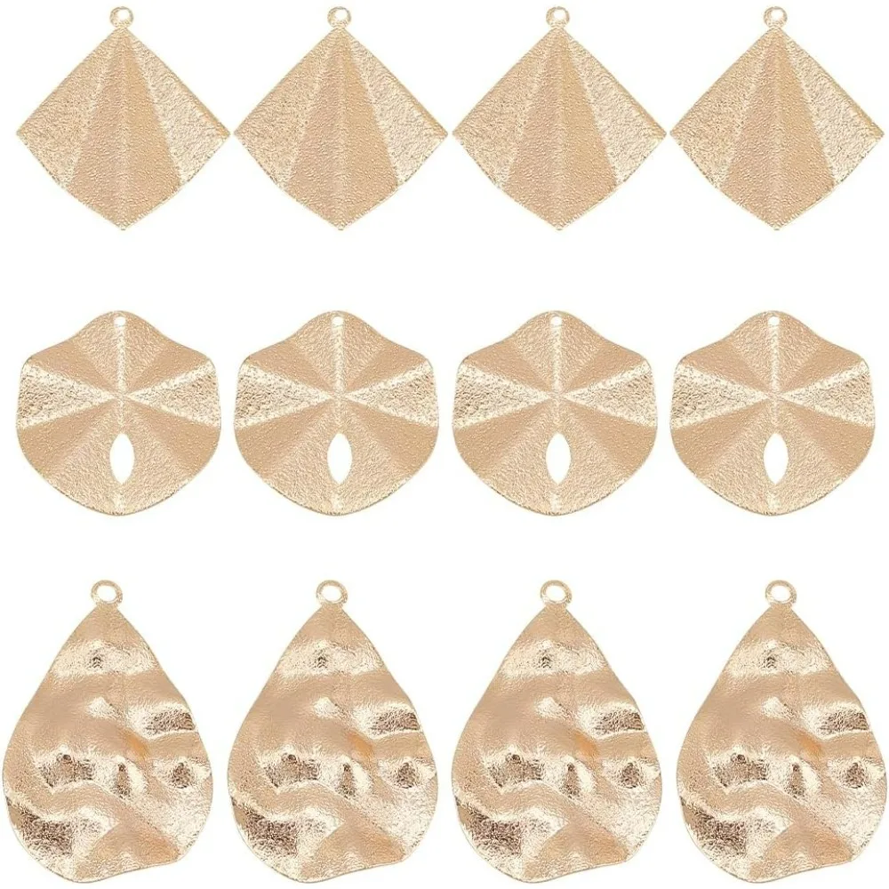 12 Pcs 3 Styles Brass Textured Charms, Real 18K Gold Plated Flat Teardrop Pendants Rhombus Polygon Charms Stamping Concave Tag