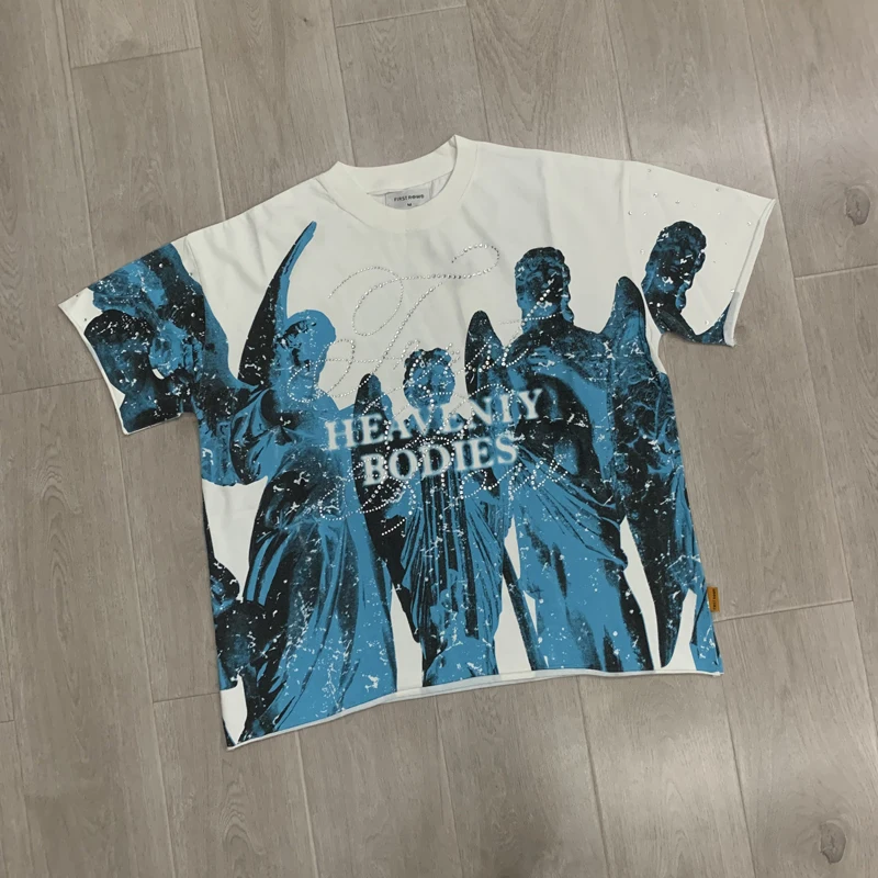 High-quality First Row T-shirt New Summer Rhinestone Short Sleeve Men Women Loose Casual T-shirts
