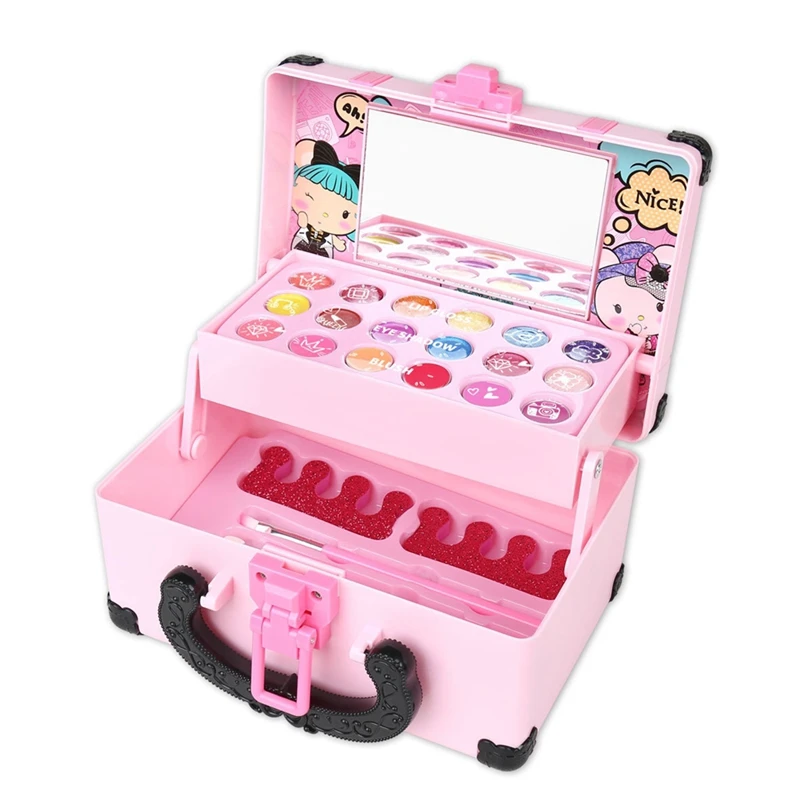 Kit de maquillaje para niños, juguete cosmético para niñas, juego de belleza, lápiz labial, sombra de ojos con caja de maquillaje portátil, juego de juguetes de maquillaje para niños