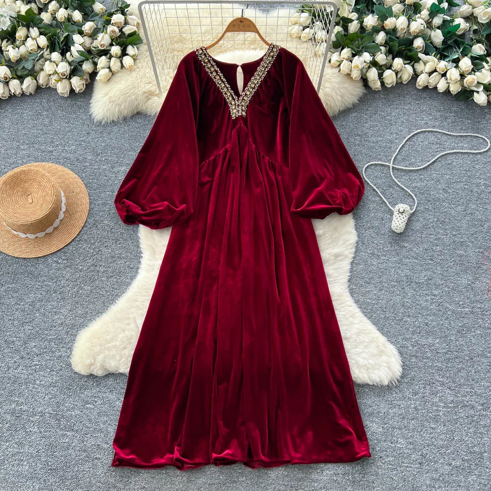 فستان أنيق أنيق بأكمام طويلة من القطيفة فضفاض بأكمام واسعة فساتين حفلات عصرية كورية ملابس نسائية #1