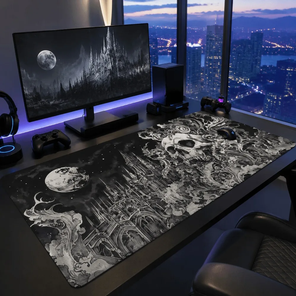Gothic Skull Castle with Moonprint Simple Artistic Design. Suitable for gamers and desktop users Also suitable for home offices