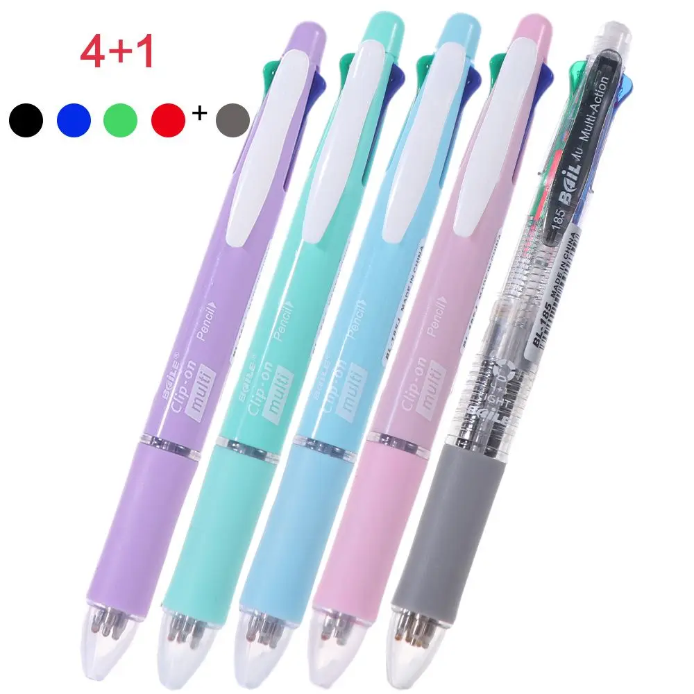 4pcs 4 Colors Ball Pen Multicolor Ballpoint Pens 1 Automatic Pencil 5 in 1 Multicolor Retractable Pen Soft Rubber Grip