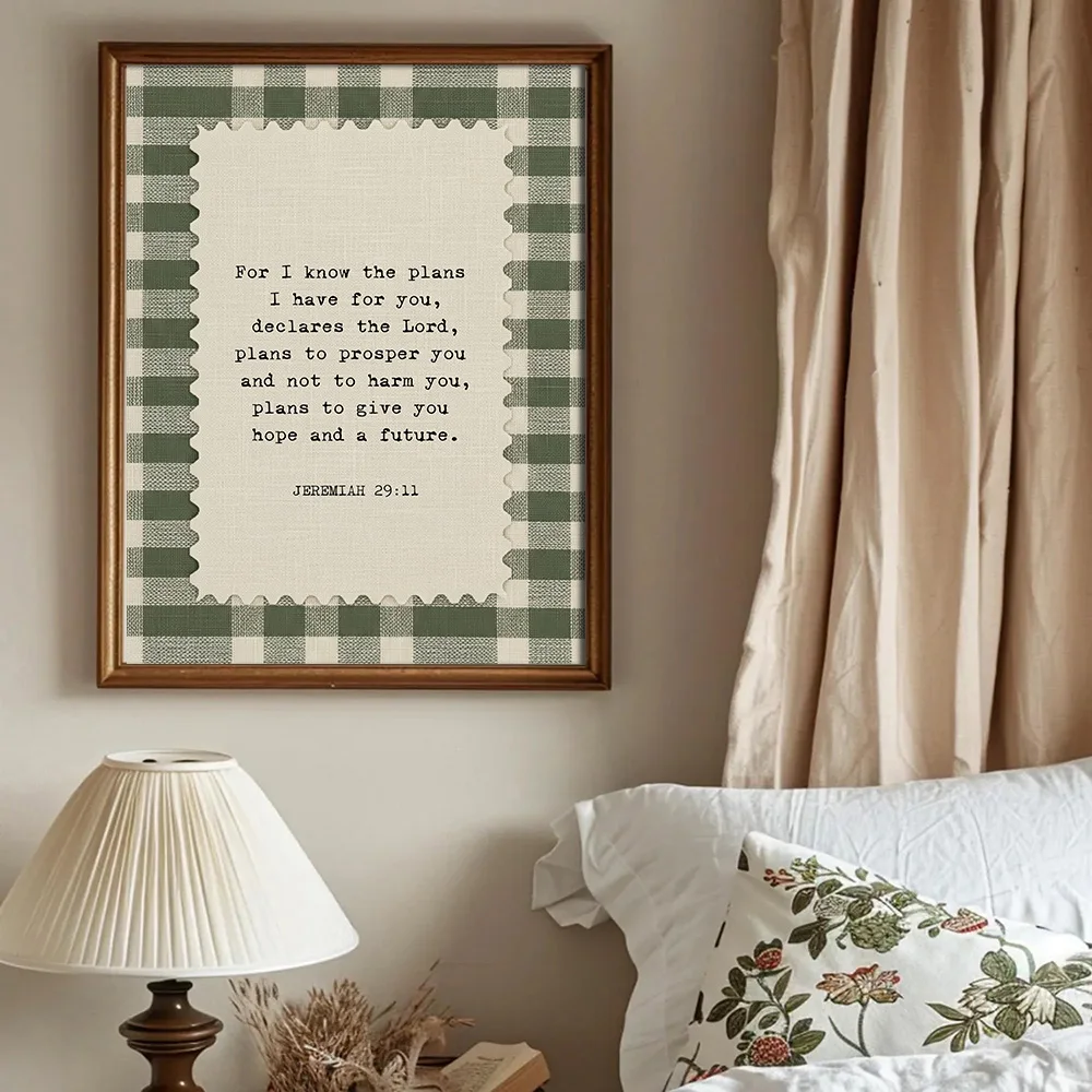 1pc Unframed Jeremiah 29:11 Bible Verse Canvas Green Gingham Christian Quote Wall Art Aesthetic Decor Retro Scripture Painting
