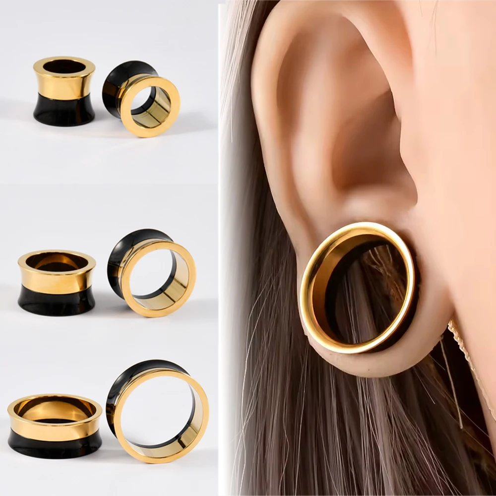 2-1PCS 2-in-1 Double Color Black&Gold Holow Flared Internal Thread Ear Tunnels Steel Gauge Strecher Expansion Saddle Ear Plugs
