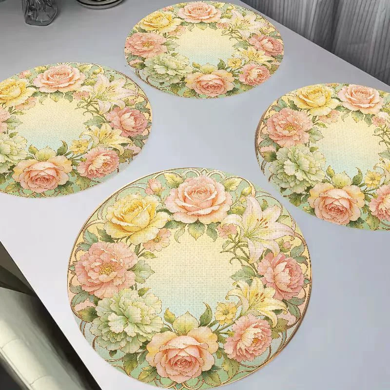 VIKAMA French Retro Warm Tone Rose Lily Peony Round Linen Table Mats, Heat Resistant Home Decor